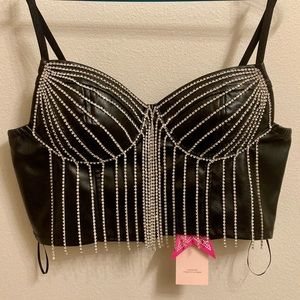 NWT Bláshe Black Pleather Crystal Dangle Zip Up Crop Top Medium